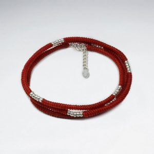 Bracelet Coton Ciré Macramé avec motif et Perles Argent Rouge