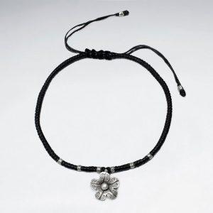 Bracelet Coton Ciré avec Perles d'Argent Texturé Fleur