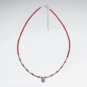Collier Perle Verre Rouge et Breloques en Argent